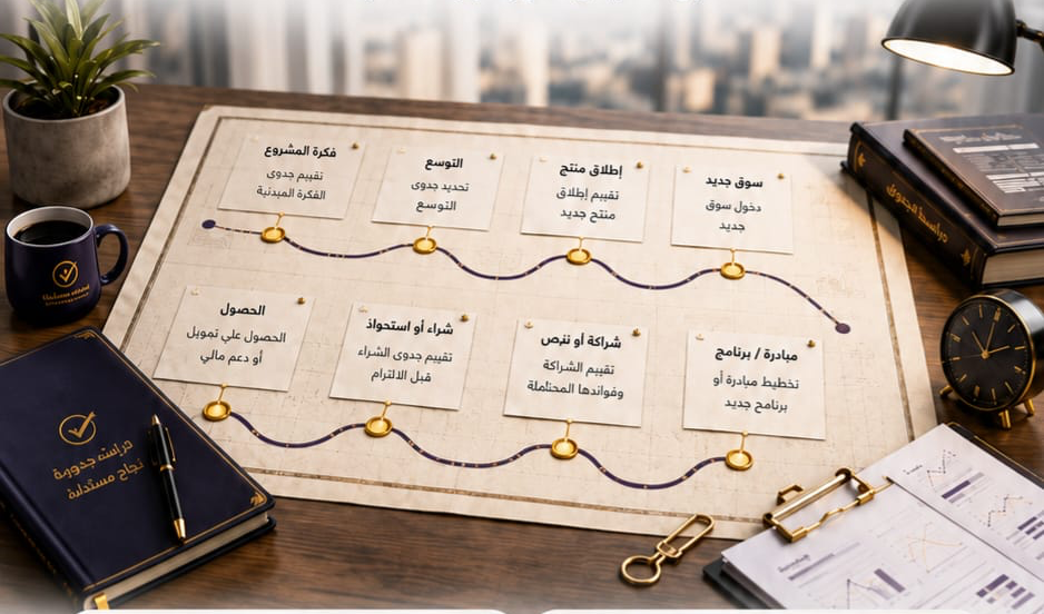 مكتب عليه خارطة مسار دراسة الجدوى بثماني محطات